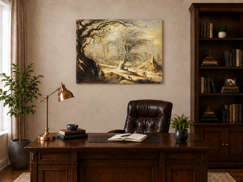 Landscape Oil Painting - Winter Farmyard with Bare Trees