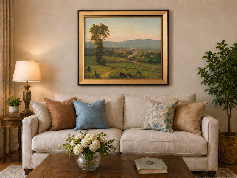 Peinture à l'huile de paysage - Ville ferroviaire rurale à vapeur, Personnage au repos