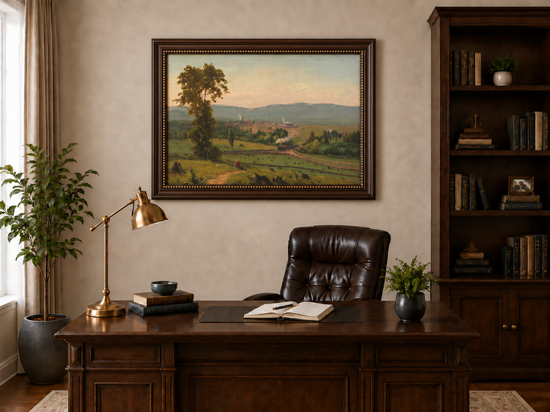 Peinture à l'huile de paysage - Ville ferroviaire rurale à vapeur, Personnage au repos