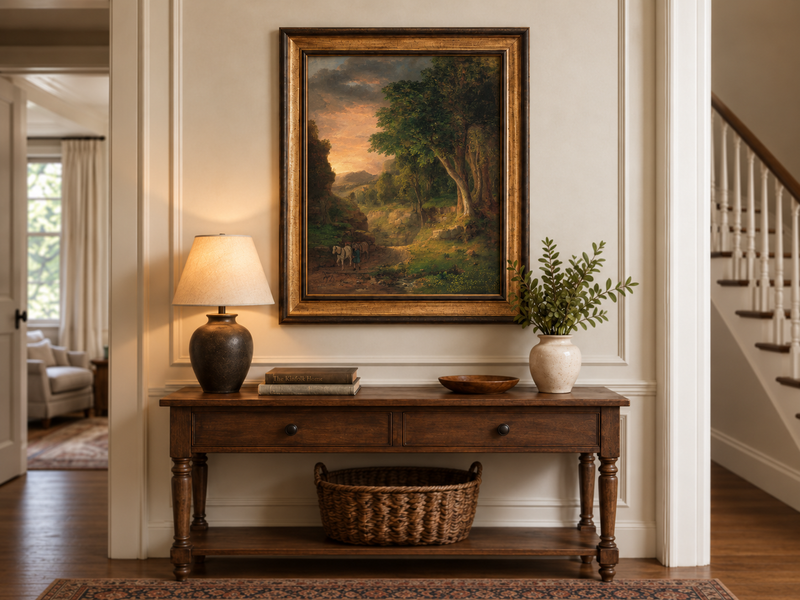 Landscape Oil Painting - Dusk Valley with Groom & Horses