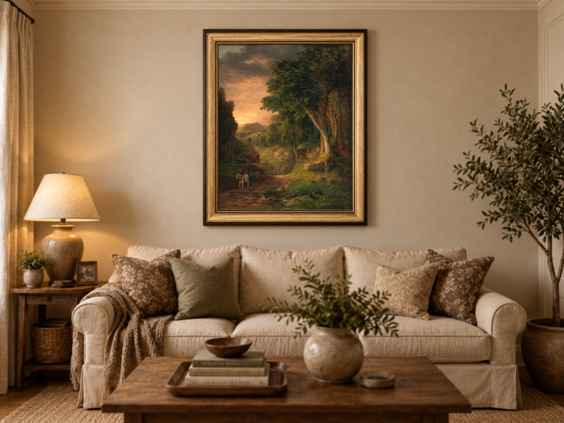 Landscape Oil Painting - Dusk Valley with Groom & Horses
