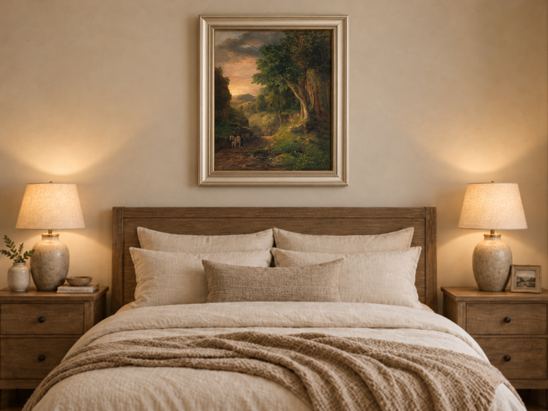 Landscape Oil Painting - Dusk Valley with Groom & Horses