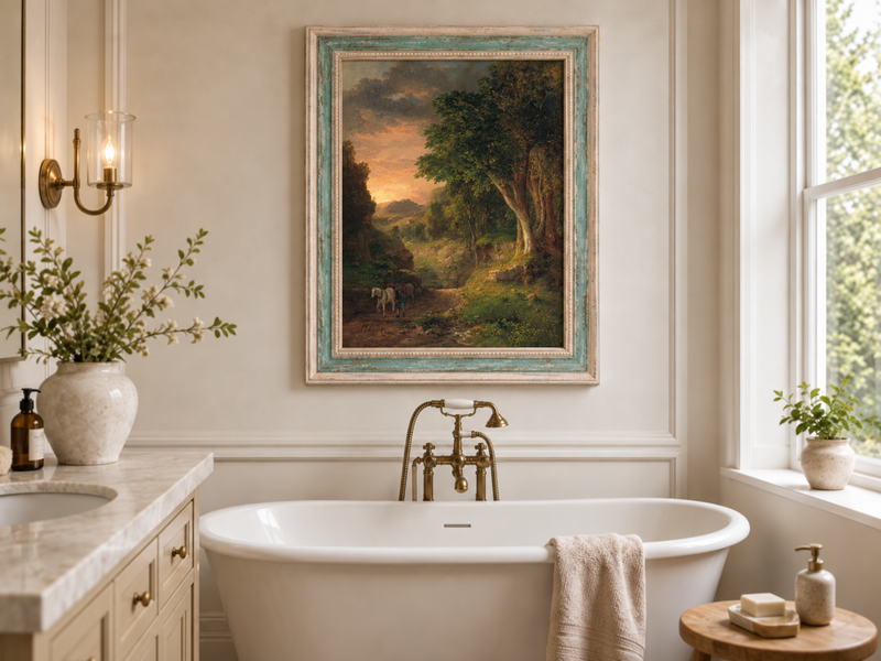 Landscape Oil Painting - Dusk Valley with Groom & Horses
