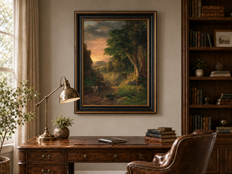Landscape Oil Painting - Dusk Valley with Groom & Horses