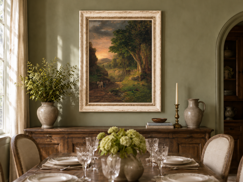 Landscape Oil Painting - Dusk Valley with Groom & Horses