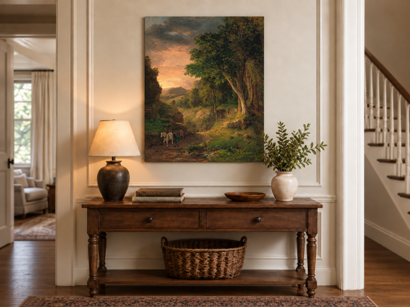 Landscape Oil Painting - Dusk Valley with Groom & Horses