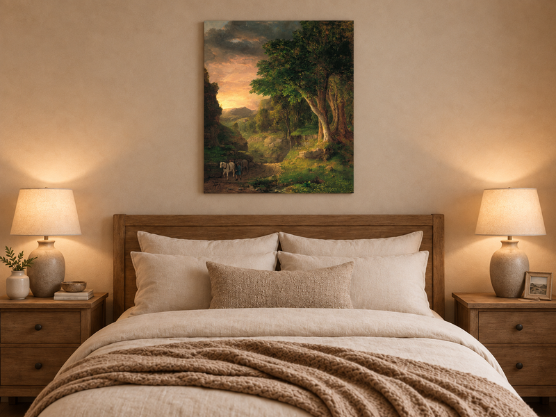 Landscape Oil Painting - Dusk Valley with Groom & Horses