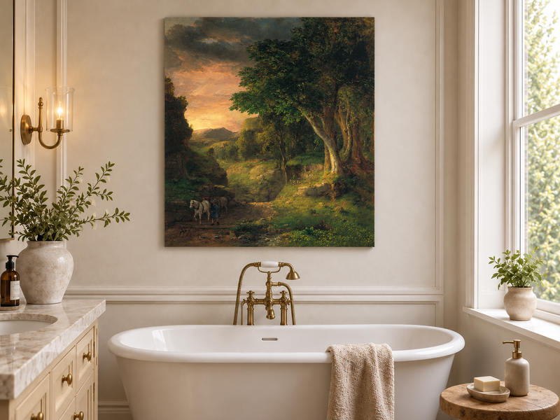 Landscape Oil Painting - Dusk Valley with Groom & Horses