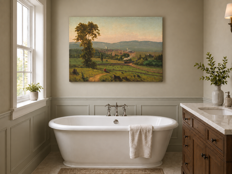 Peinture à l'huile de paysage - Ville ferroviaire rurale à vapeur, Personnage au repos