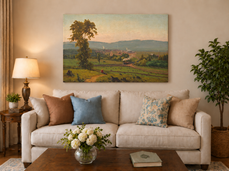 Peinture à l'huile de paysage - Ville ferroviaire rurale à vapeur, Personnage au repos