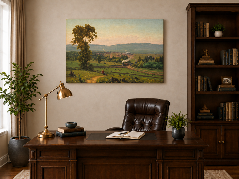 Peinture à l'huile de paysage - Ville ferroviaire rurale à vapeur, Personnage au repos