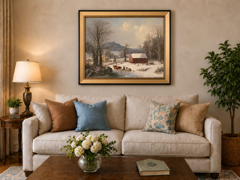 Peinture à l'huile de paysage - Scène de rivière hivernale avec personnages et chevaux