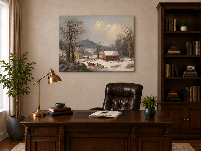 Peinture à l'huile de paysage - Scène de rivière hivernale avec personnages et chevaux