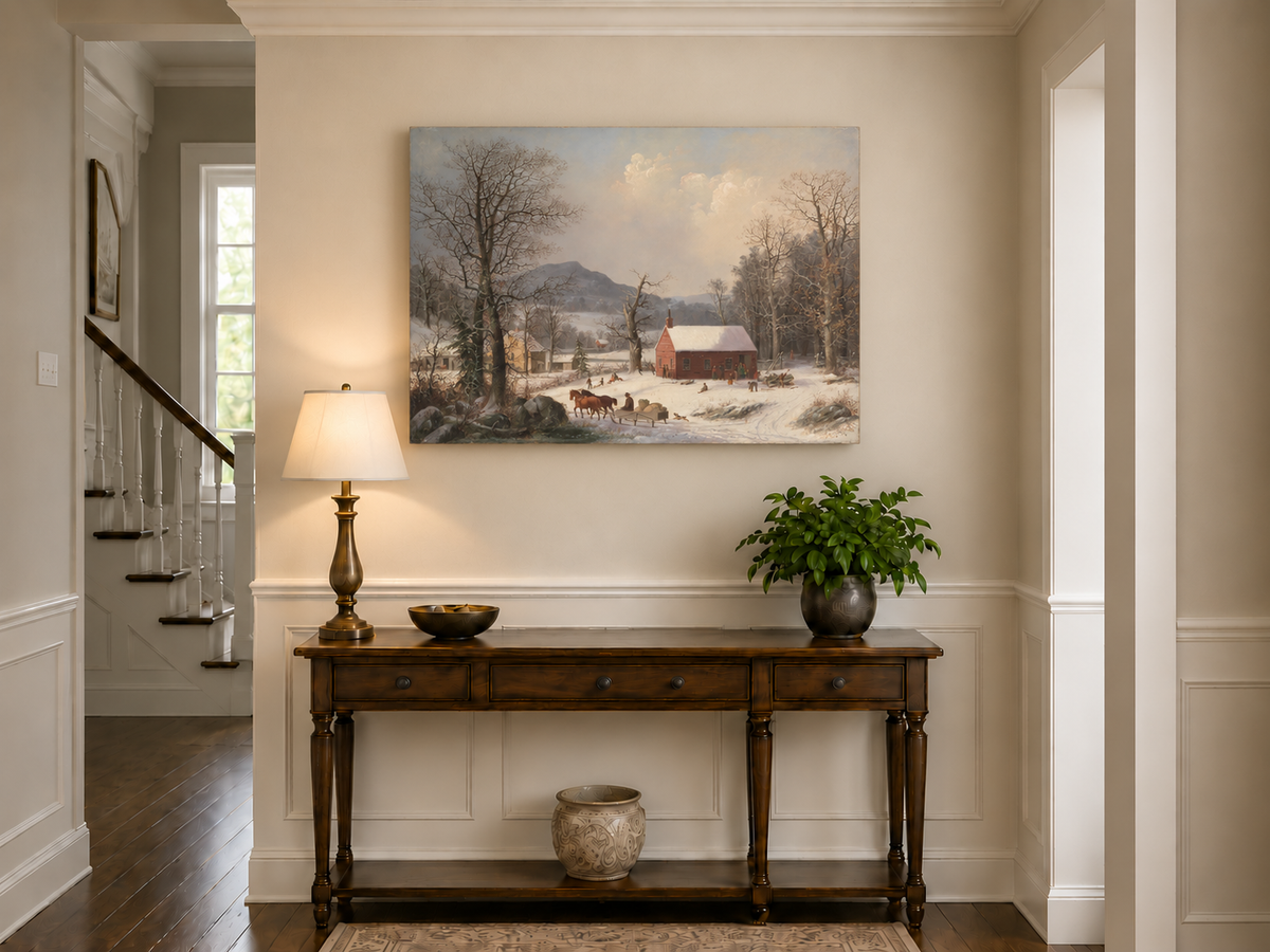 Peinture à l'huile de paysage - Scène de rivière hivernale avec personnages et chevaux