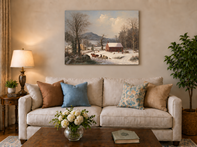 Peinture à l'huile de paysage - Scène de rivière hivernale avec personnages et chevaux