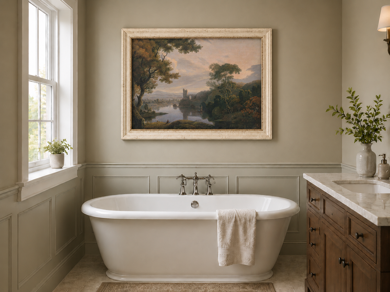 Landscape Oil Painting - Twilight River Ruins and Reflections