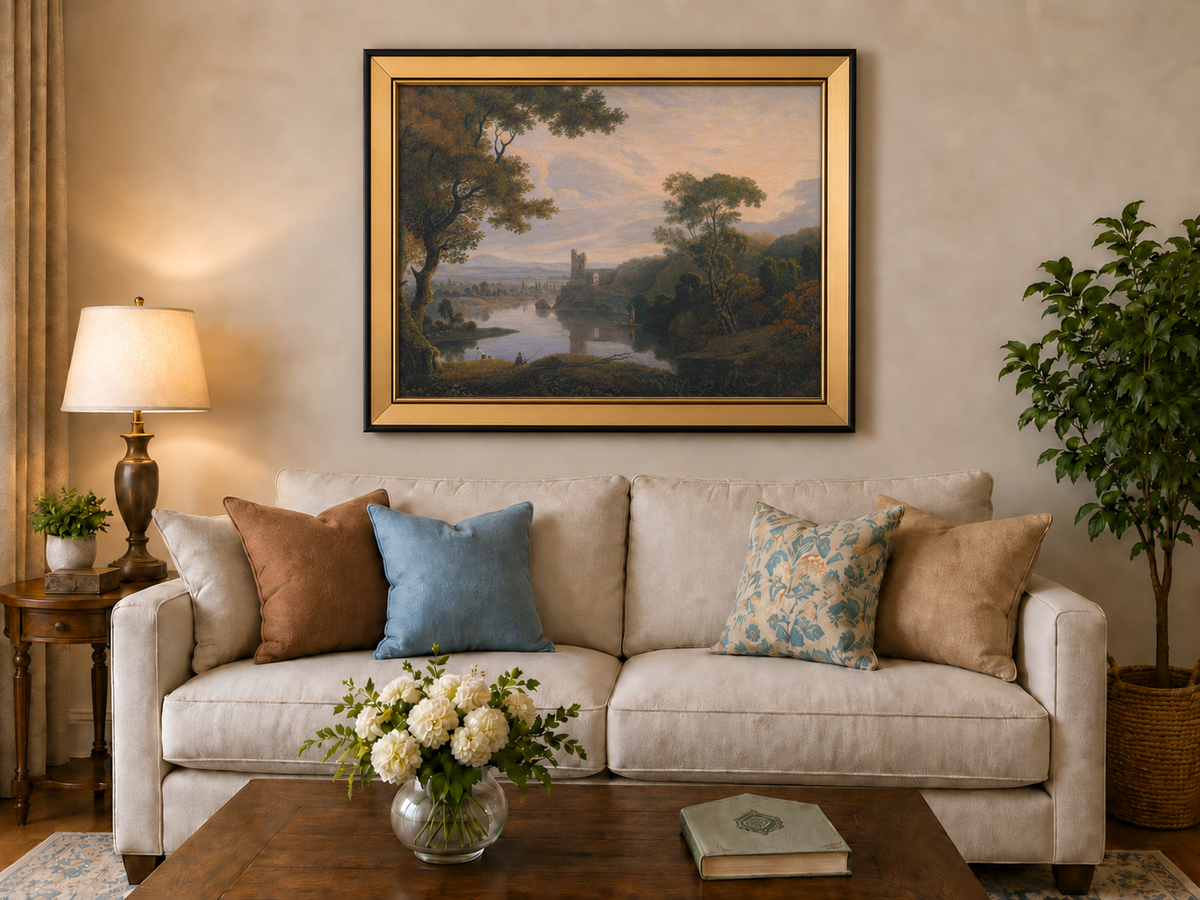 Landscape Oil Painting - Twilight River Ruins and Reflections