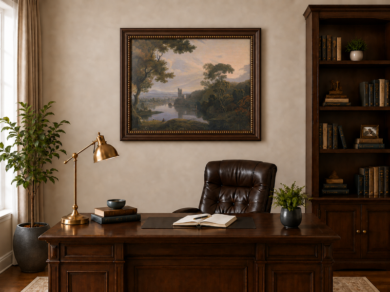 Landscape Oil Painting - Twilight River Ruins and Reflections