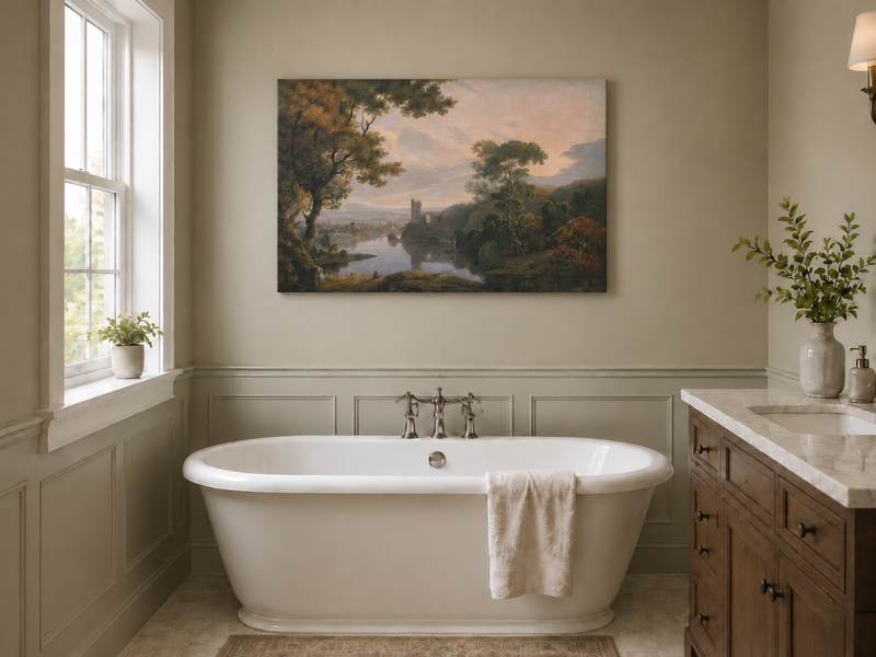 Landscape Oil Painting - Twilight River Ruins and Reflections