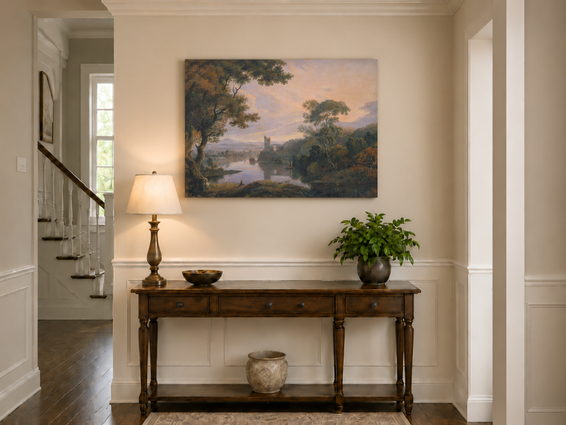Landscape Oil Painting - Twilight River Ruins and Reflections