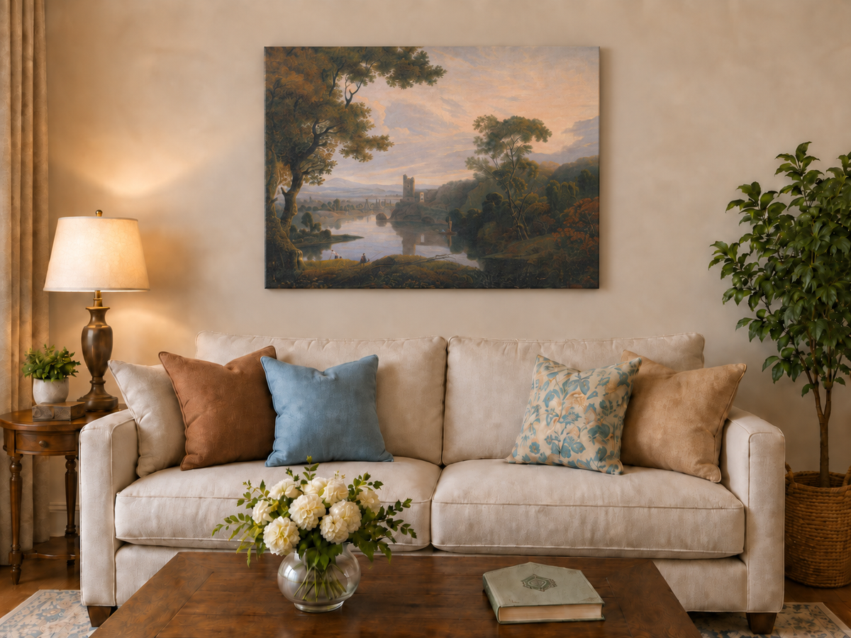 Landscape Oil Painting - Twilight River Ruins and Reflections