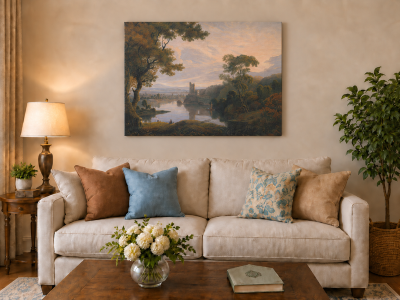 Landscape Oil Painting - Twilight River Ruins and Reflections