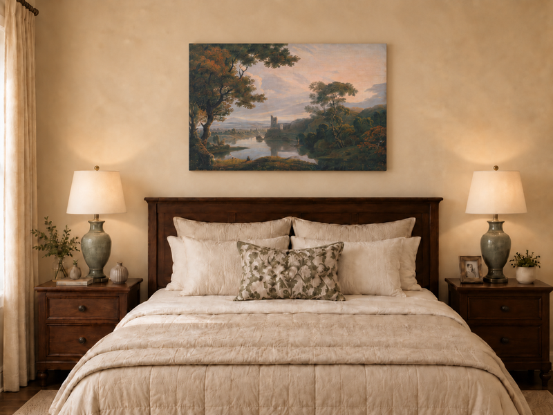 Landscape Oil Painting - Twilight River Ruins and Reflections