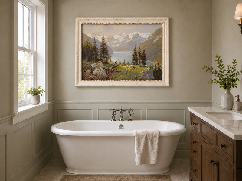 Peinture à l'huile de paysage - Lac de montagne enneigé