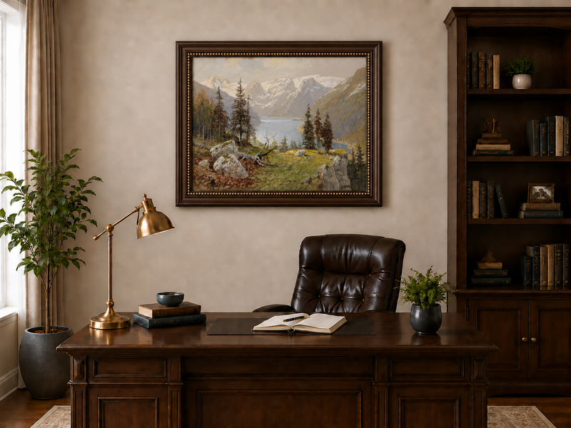 Peinture à l'huile de paysage - Lac de montagne enneigé