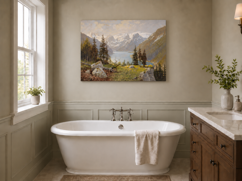 Peinture à l'huile de paysage - Lac de montagne enneigé