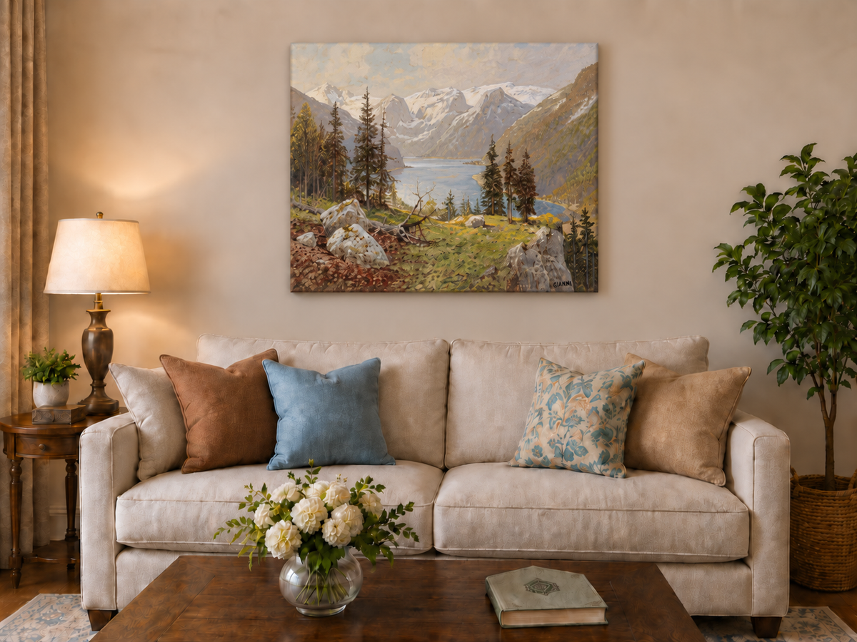 Peinture à l'huile de paysage - Lac de montagne enneigé