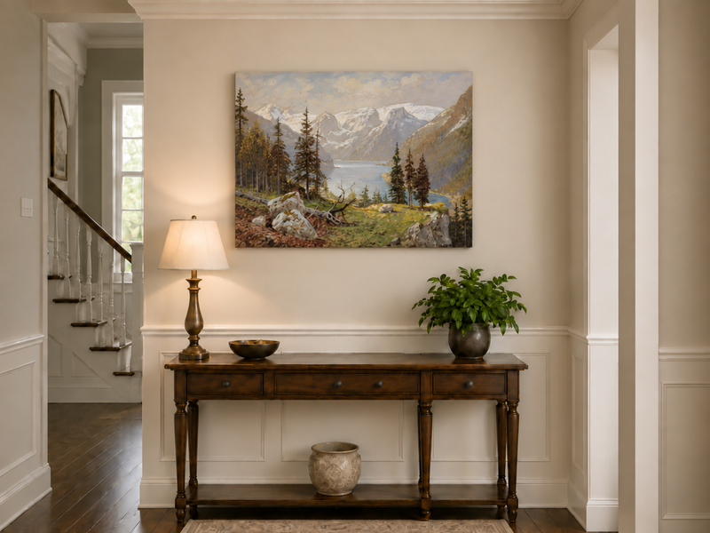 Peinture à l'huile de paysage - Lac de montagne enneigé