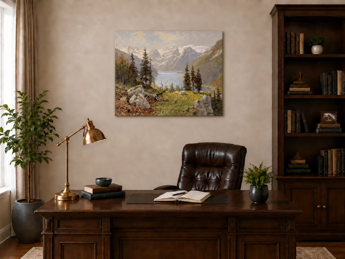 Peinture à l'huile de paysage - Lac de montagne enneigé