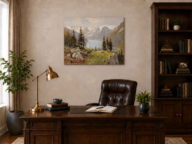 Peinture à l'huile de paysage - Lac de montagne enneigé