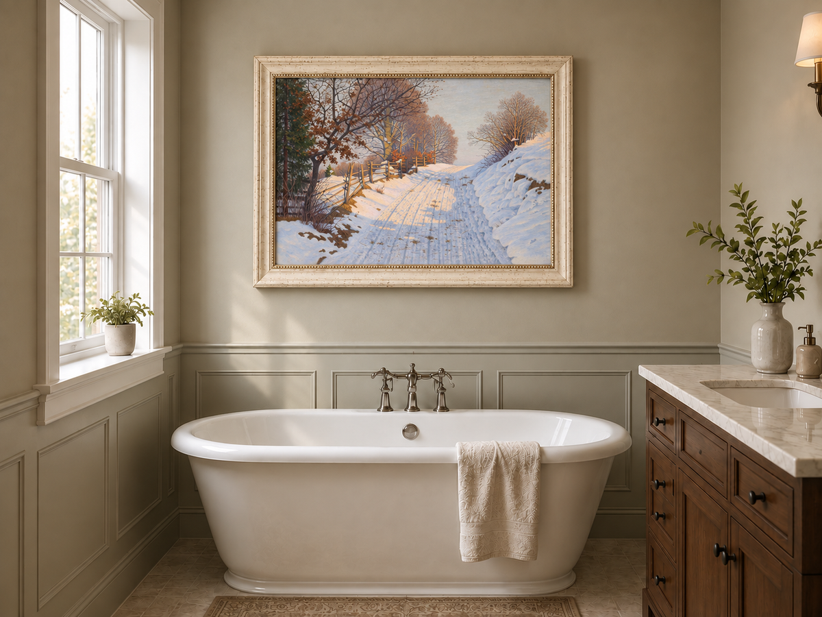 Peinture à l'huile de paysage - Route de campagne enneigée en hiver