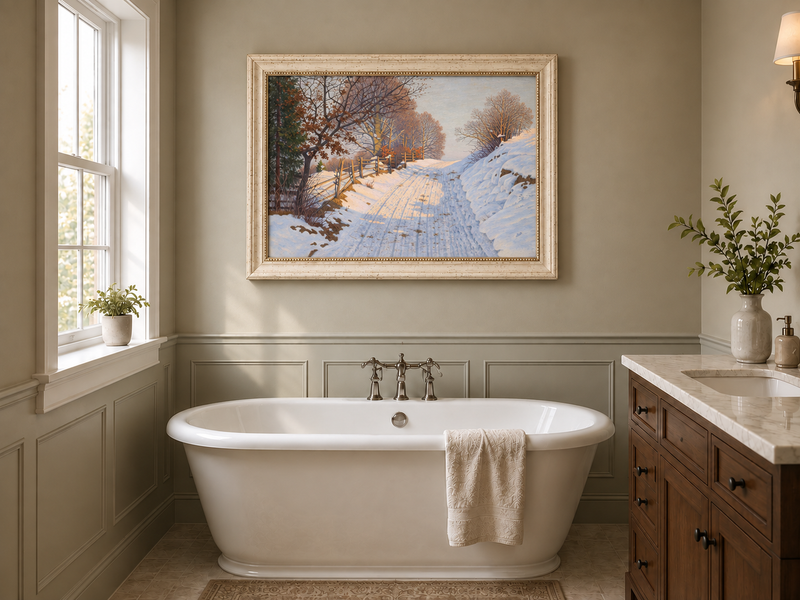Peinture à l'huile de paysage - Route de campagne enneigée en hiver