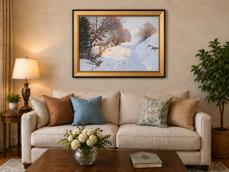 Peinture à l'huile de paysage - Route de campagne enneigée en hiver