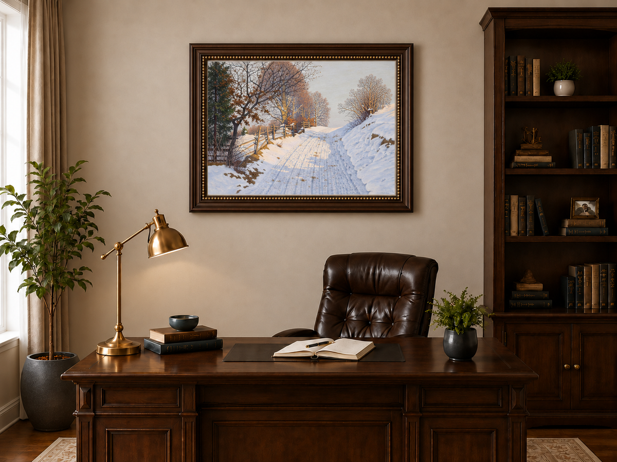 Peinture à l'huile de paysage - Route de campagne enneigée en hiver