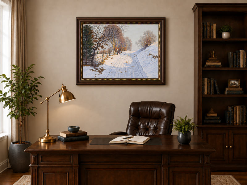 Peinture à l'huile de paysage - Route de campagne enneigée en hiver