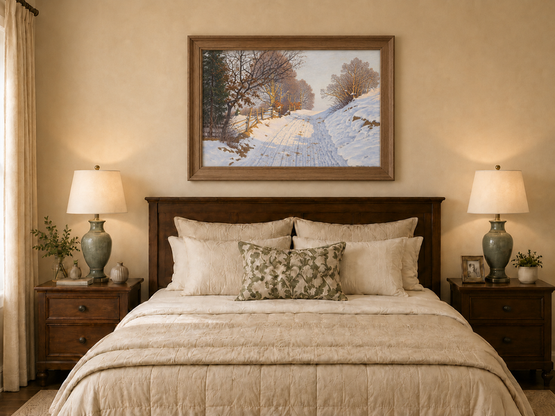 Peinture à l'huile de paysage - Route de campagne enneigée en hiver