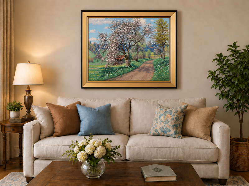 Landscape Oil Painting - Spring Blossom Path Flowering Tree &
