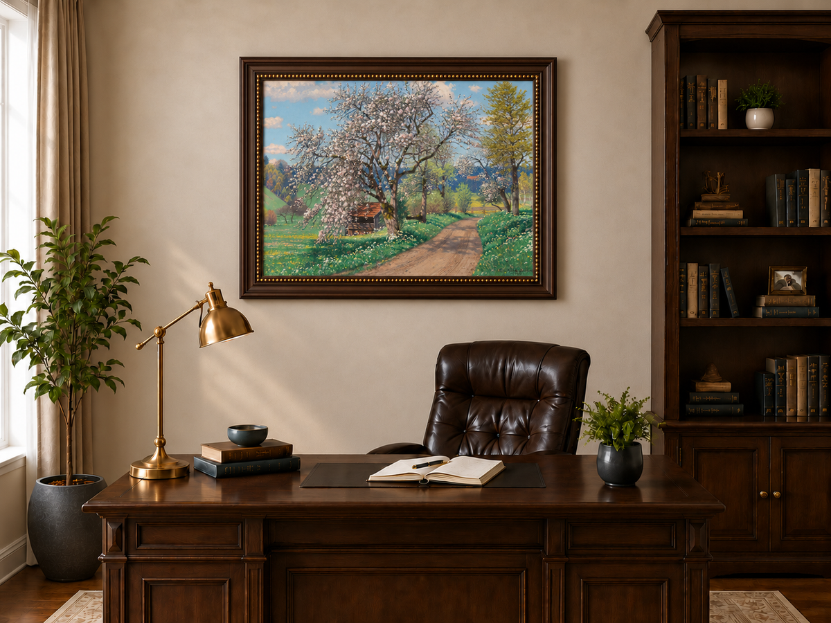 Landscape Oil Painting - Spring Blossom Path Flowering Tree &