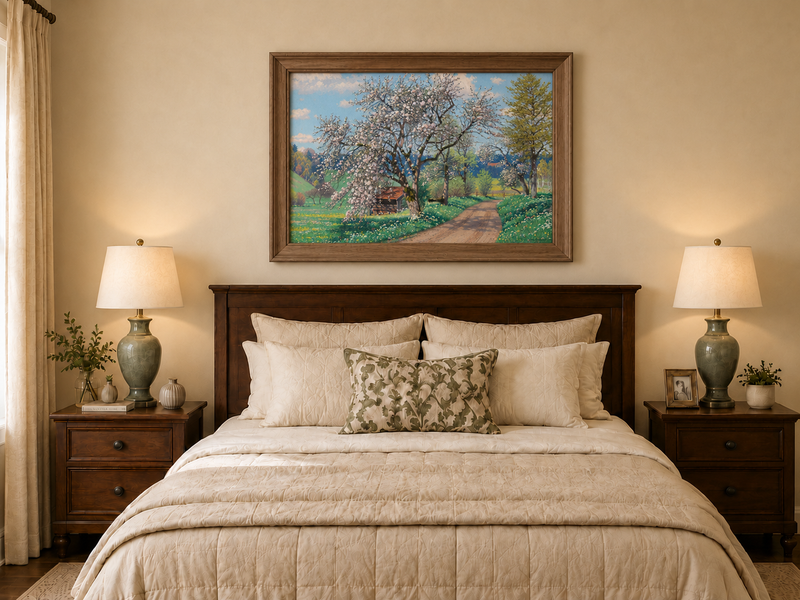 Landscape Oil Painting - Spring Blossom Path Flowering Tree &