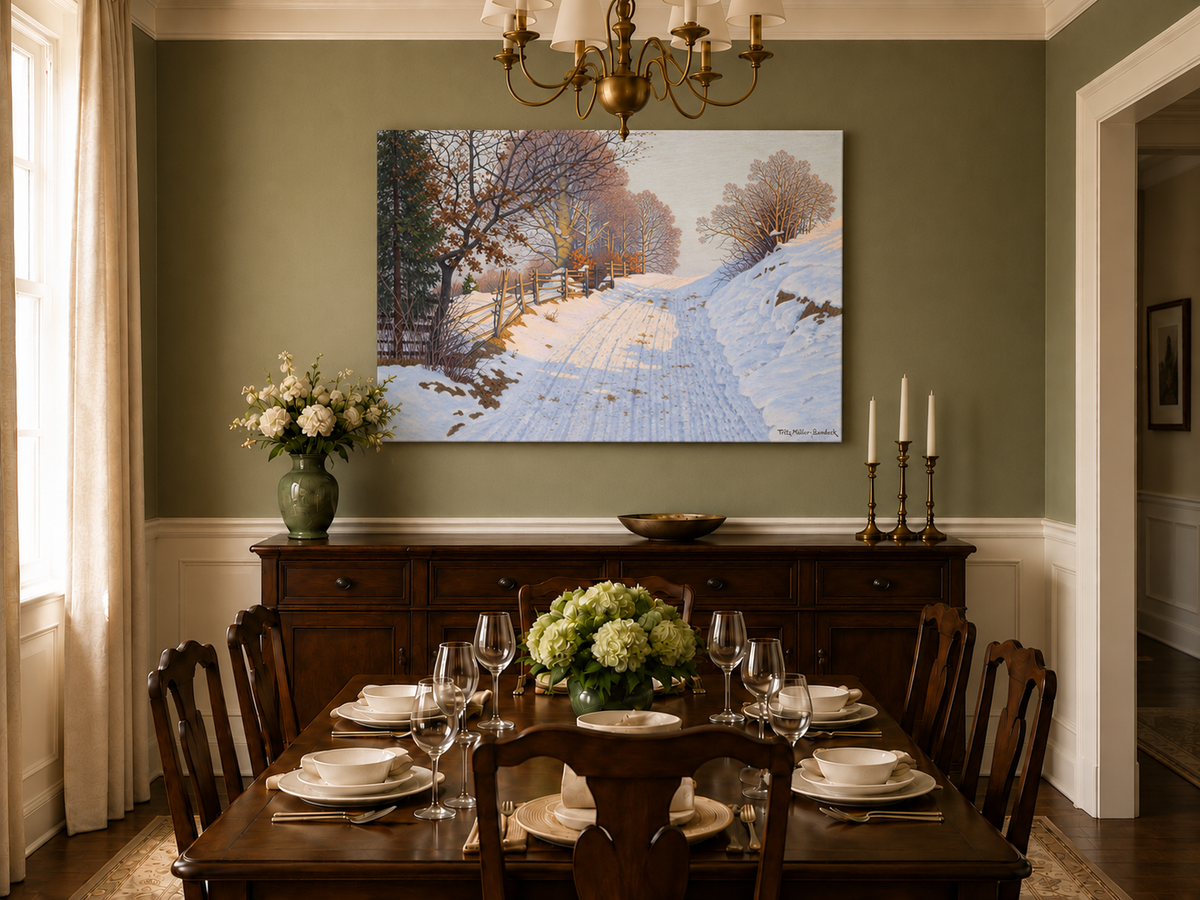 Peinture à l'huile de paysage - Route de campagne enneigée en hiver