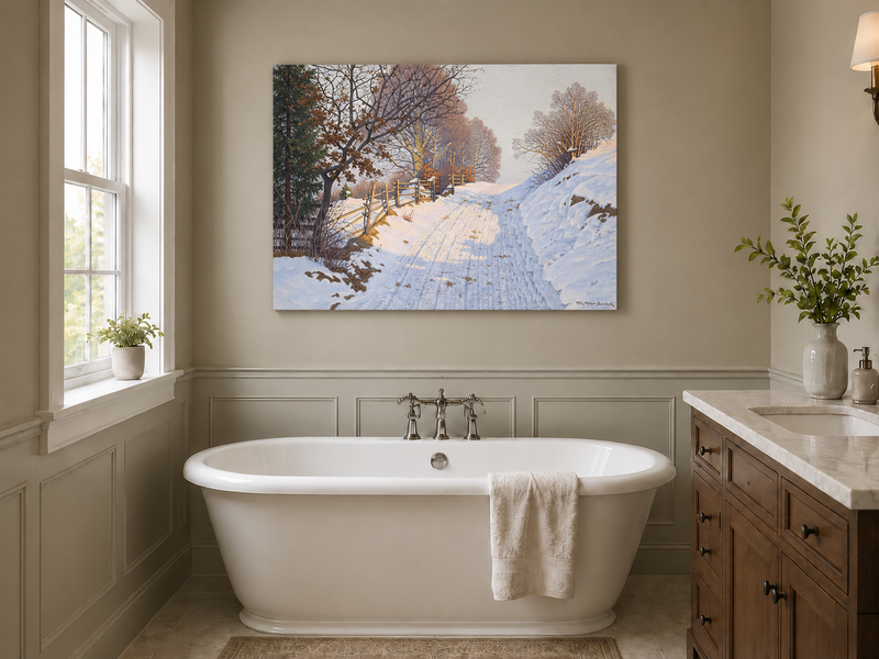 Peinture à l'huile de paysage - Route de campagne enneigée en hiver
