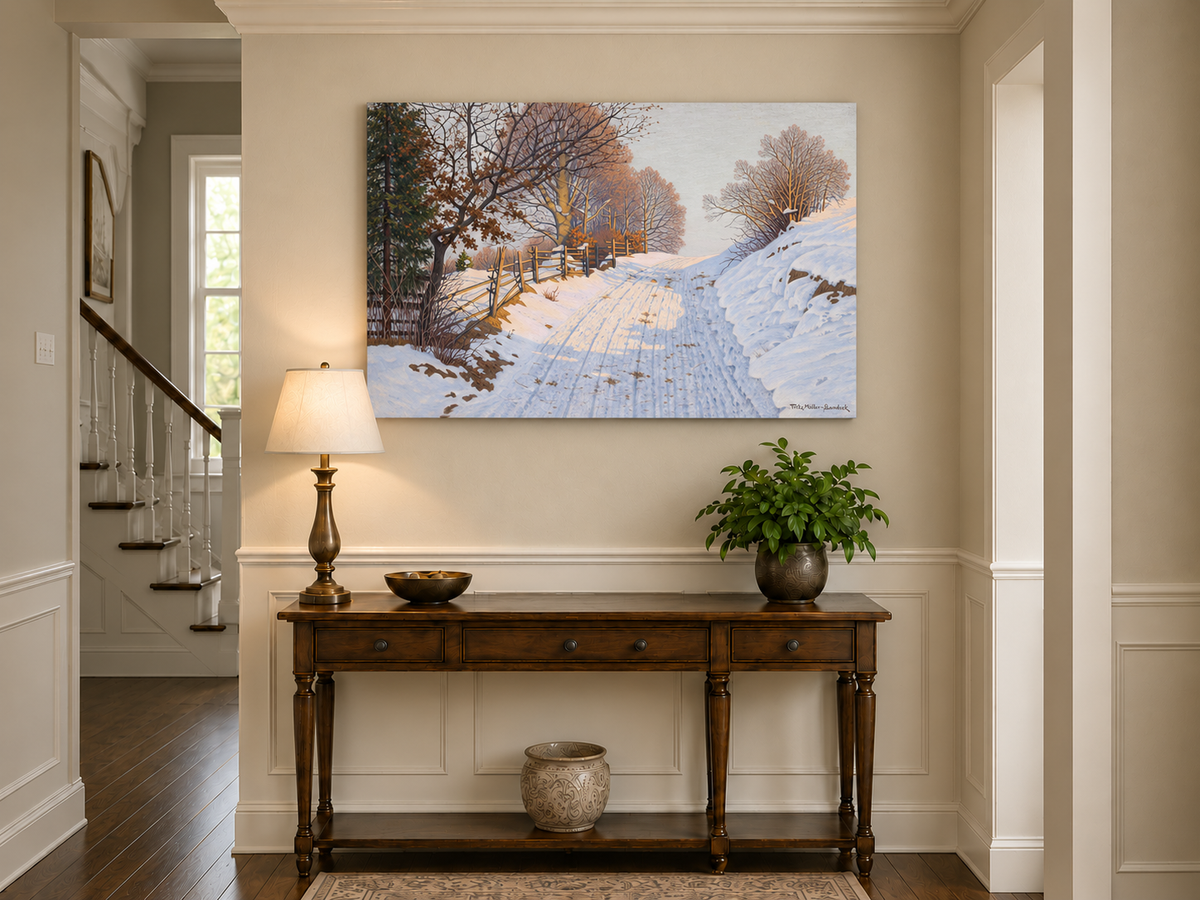Peinture à l'huile de paysage - Route de campagne enneigée en hiver