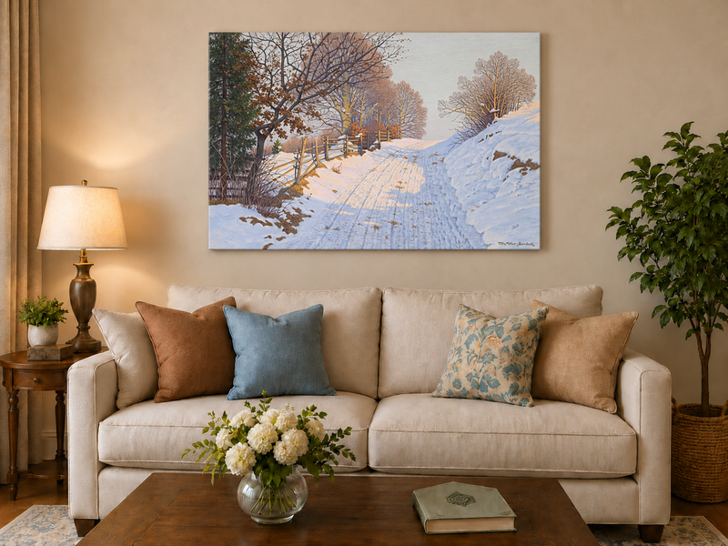 Peinture à l'huile de paysage - Route de campagne enneigée en hiver