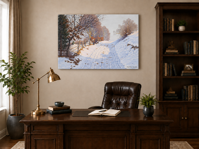 Peinture à l'huile de paysage - Route de campagne enneigée en hiver