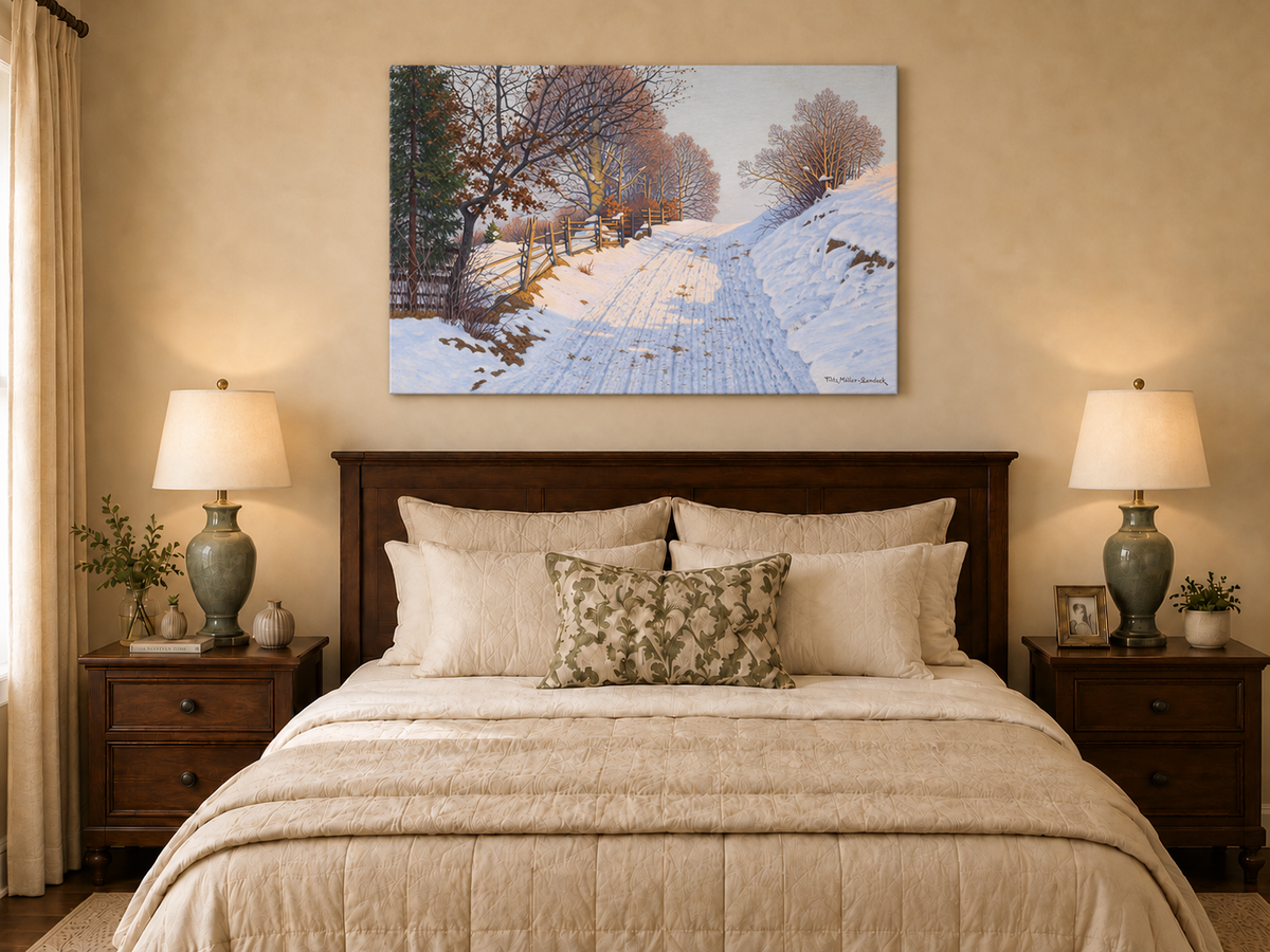 Peinture à l'huile de paysage - Route de campagne enneigée en hiver