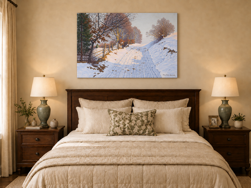 Peinture à l'huile de paysage - Route de campagne enneigée en hiver